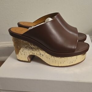 New In Box Chloe Brown Leather Mules with Gold Platform